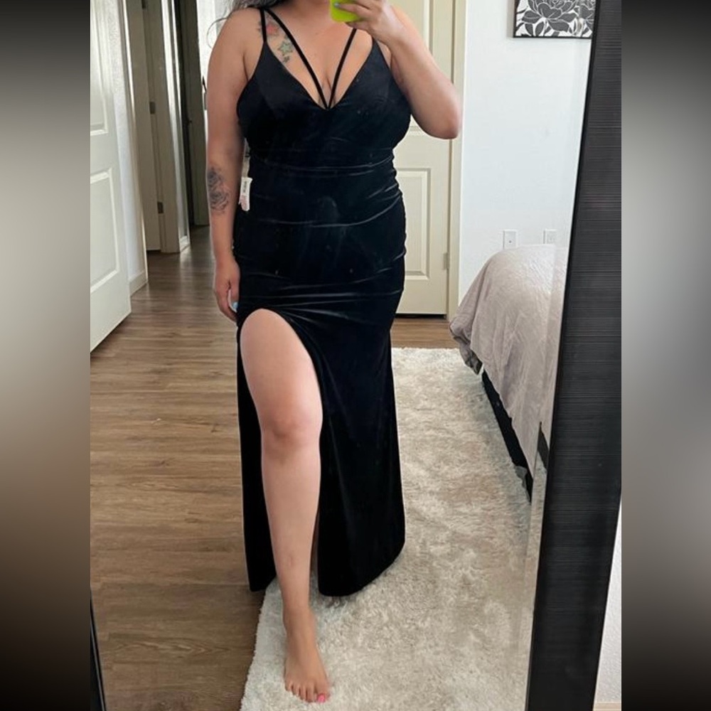 Black Velvet Strappy Dress with Side Slit Size 13
